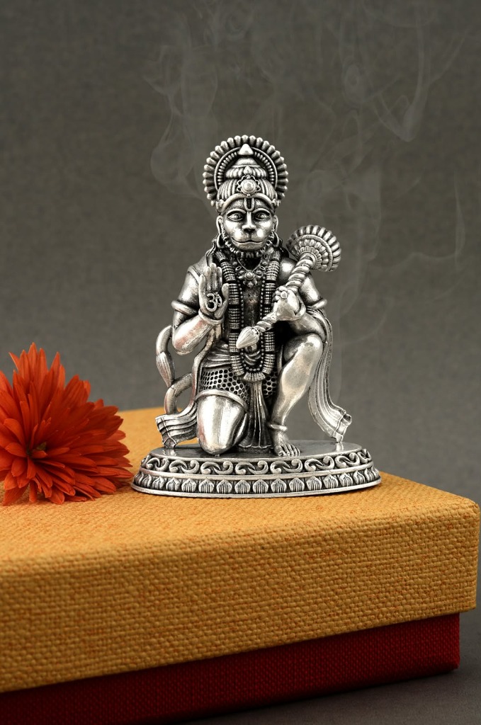 Antique Silver Oxidized Veer Hanuman Ji Blessing Murti with Gada