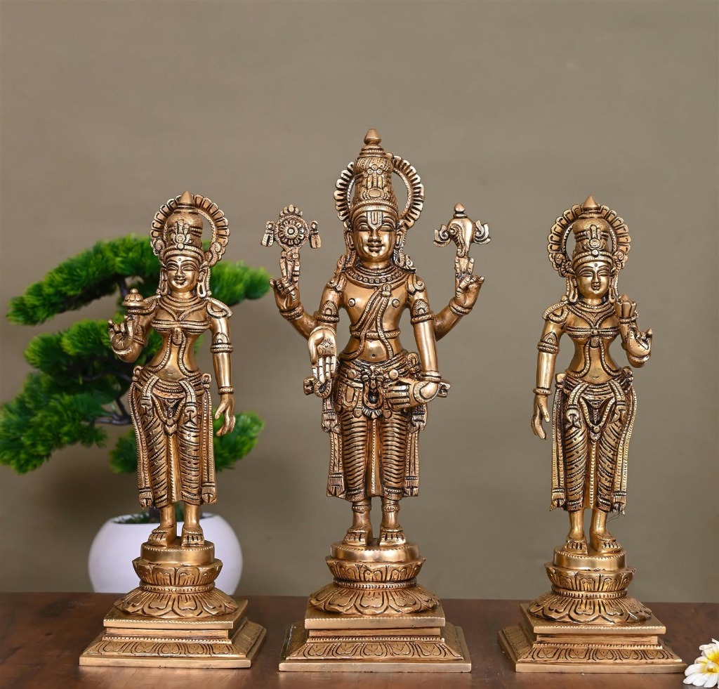 Sacred Tirupati Balaji Venkateshwara with Sridevi & Bhudevi Divine Brass Vigraha Set