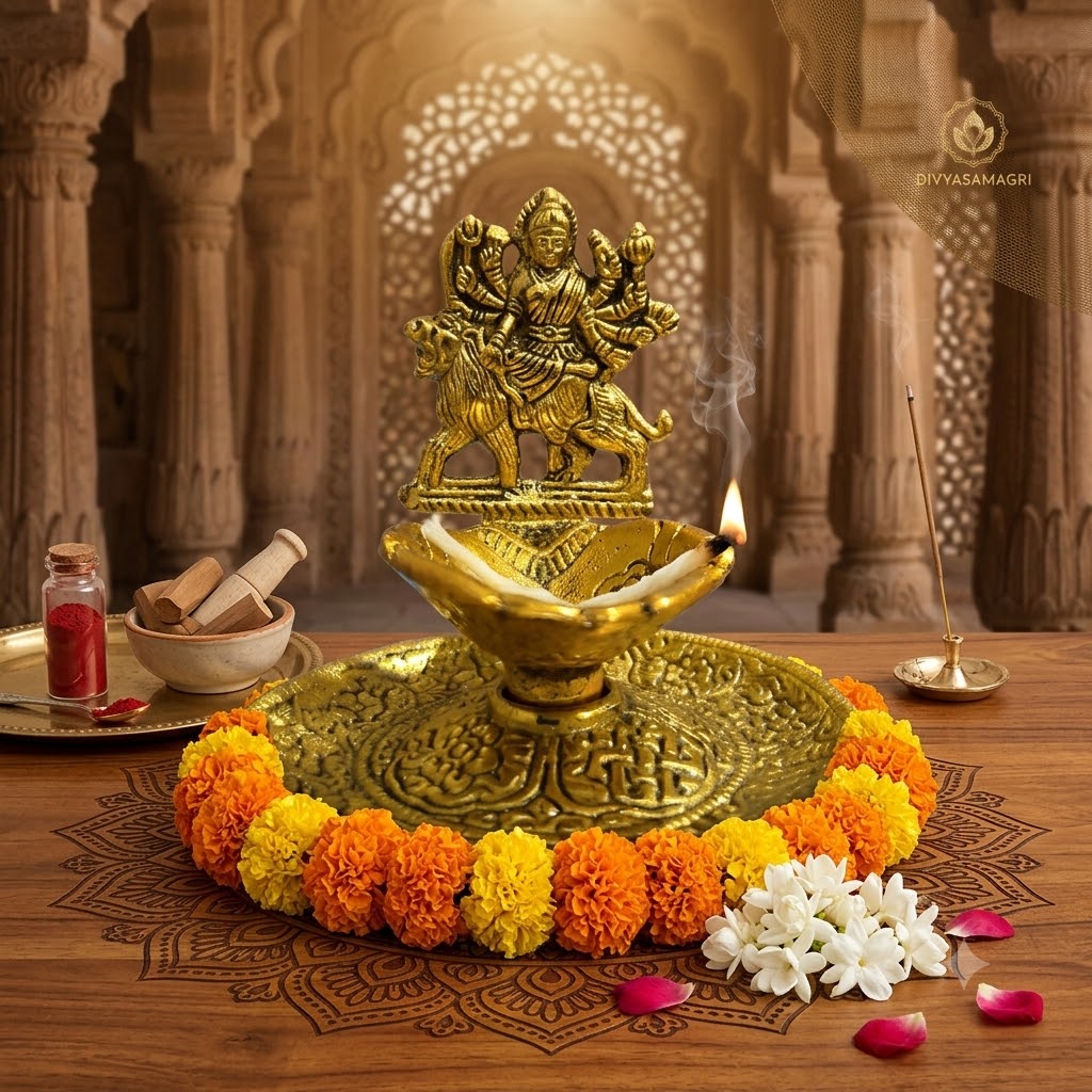 माँ शेरावाली पीतल अखण्ड ज्योति दीप (नक्काशीदार थाली सहित)