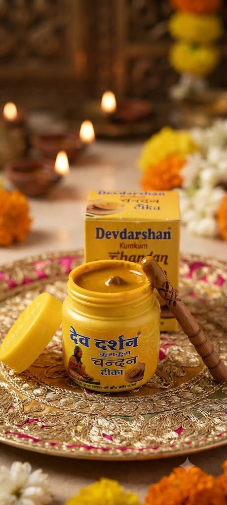 देव दर्शन पीला चन्दन टीका लेप (नक्काशीदार काष्ठ शलाका सहित)